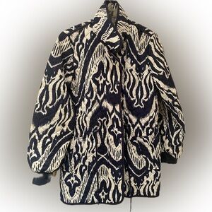 Bagatelle Navy Ivory Ikat Print Quilted Snaps Drawstring & zip Coat Jacket.